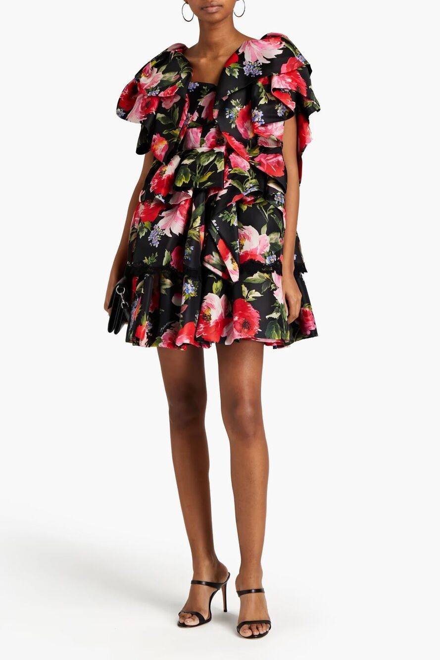 Dolce & Gabbana Silk Floral Ruffle Tiered Mini Dress New US Size 6